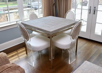 Made Goods  Benjamin Floating Leg Game Table  Sand Realistic Faux Shagreen Top Texturized Silver Steel $3150