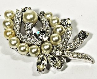 Vintage Eisenberg Ice Faux Pearl And White Rhinestone Brooch