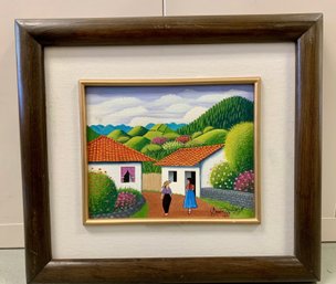 Colorful Framed Folk Art Painting By Sergio Martinez (1993)