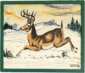 An Original Vintage Oil On Board, Winter Deer, Henry Fagen, 1949