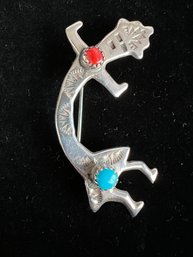 Vintage Navajo Sterling Yei Pin With Turquoise & Red Coral Beads