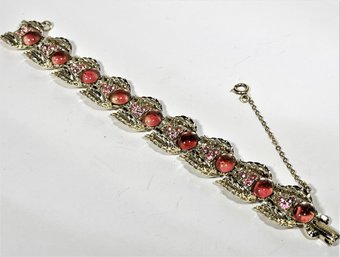 Vintage Gold Tone Red Rhinestone Bracelet With Large Pink Stones