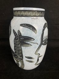 White  Kosta Boda Hand Signed Pottery Decorated In Black