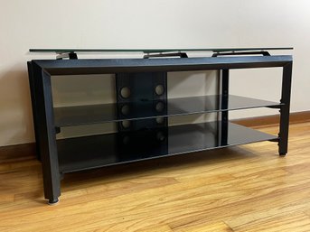 Contemporary Tech Craft TV Stand - 3 Shelves Of Black Silkscreen Glass & Metal Frame