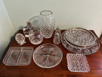 Collection Of Crystal Servingware, Candlesticks, Vase, And More