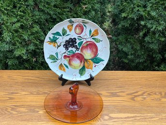 Vintage Hand Painted Italian Platter & Amber Glass Center Handle Tray