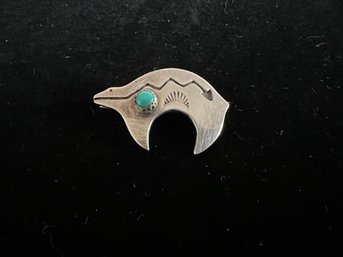 Navajo Sterling Bear Pin With Turquoise Bead