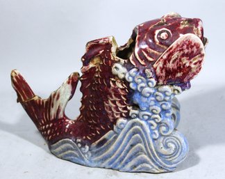 Antique Chinese Flambe Glaze Vase Of Carp Fish (tail Is Severed But With Vase)