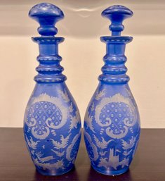 A Pair Of Beautiful Bohemian Blue Antique Engraved Glass Bottle Covered Decanters Early 1900's