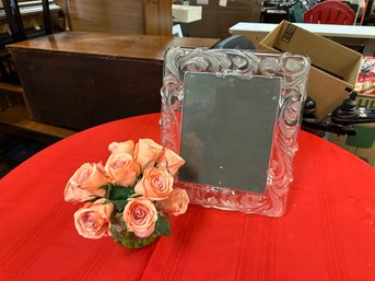Lead Crystal  Picture Frame With Bowl Of Artificial Roses