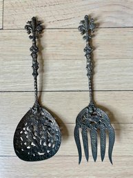 Pair Of Unique Brass Oversized Fork & Spoon