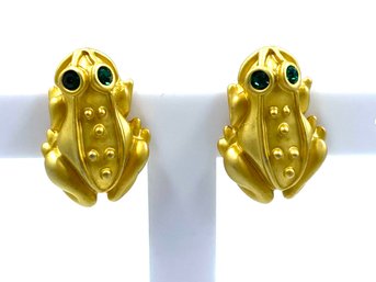 Quirky Goldtone & Emerald Rhinestone Tree Frog Earrings