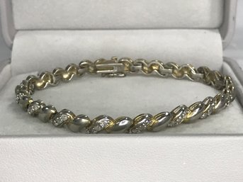 Lovely 925 / Sterling Silver With 14KT Gold Overlay Tennis Bracelet With Zirconia - Very Pretty Bracelet