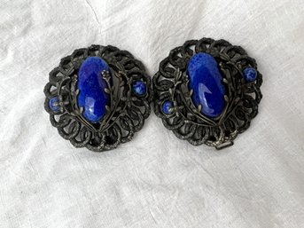 Pair Of Antique Or Vintage Dress Clips With Lapis Lazuli Type Cabochons