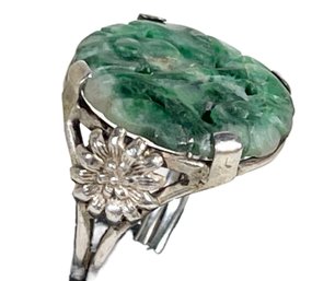 Antique Sterling Silver Ladies Ring Having Carved Spinach Jade Stone