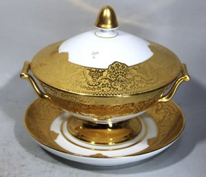 Very Fine Luce Limoges Gold Encrusted Lidded Handled Tureen On Liner