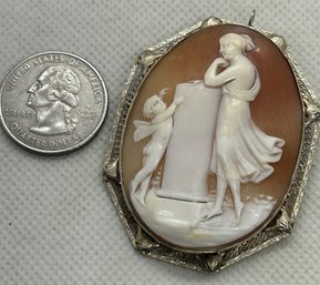 Impressive Large Size Antique 14K White Gold Carved Shell Cameo- Maiden And Putti With Pedestal