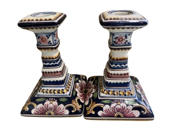 Hand Decorated Ceramic Candlestick Holders From Portugal