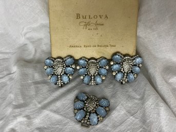 Set Of Four Vintage Rhinestone & Frosted Baby Blue Glass Bead Dress Clips