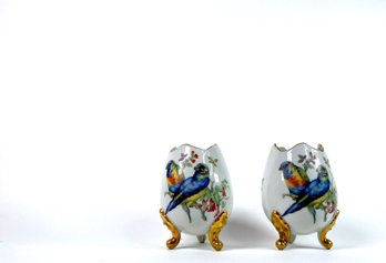 Limoges - Footed Egg Cups With Hand Painted Tropical Bird Motif