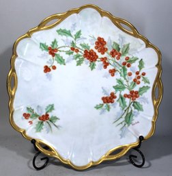 Artist Signed Limoges Blank Handled Serving Tray Holly Berries 'Walsch'