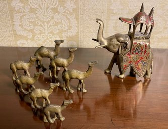 Group Of Charming Brass Elephant And Camels