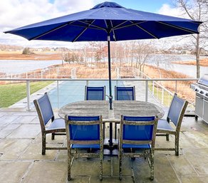A Teak Dining Table And Set Of 6 Chairs By Kinglsey-Bate, And Custom Sunbrella Lighted Umbrella!