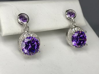 Fabulous Brand New 925 / Sterling Silver Earrings With Intense Deep Color Amethyst And White Zircons - Wow !
