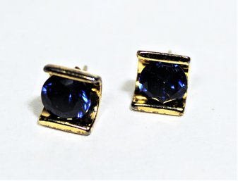 Designer Signed Sterling Silver And Blue Gemstone Pierced Earrings