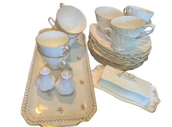 Gold Trimmed White China Tea/coffee Set With Serving Tray And Table Accessories