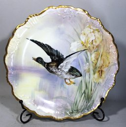 Artist Signed Limoges Game Plate Flowers And Flying Duck