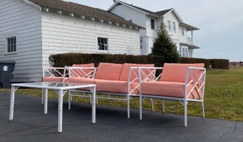 Bamboo Style Metal Outdoor Lounge Set With Glass Top Table And Like New Cushions