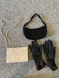 Ladies Grouping Of Two Beaded Evening Clutches And One Pair Of Nine West Leather Gloves Size XL