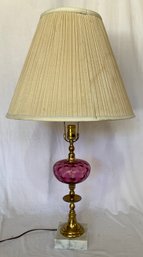 Brass And Cranberry Glass Lamp On Marble Plinth