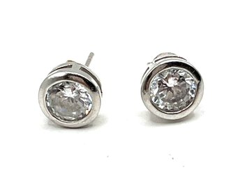 Vintage Sterling Silver Round Clear Stone Stud Earrings