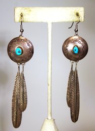 Robert Becenti Signed Navajo Sterling Silver Turquoise Earrings Feathers 4 1/4'