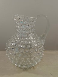 Hobnail Clear Art Glass Heavy 9' Serving Pitcher With Applied Ribbed Handle