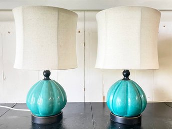 A Pair Of Celadon Style Ceramic Lamps On Bronze Bases