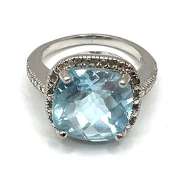 Gorgeous Sterling Silver Large Faceted Aquamarine Color Stone Ring, Size 5.5