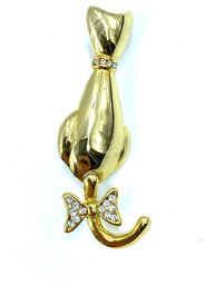 Vintage Goldtone Cat Brooch W/ Rhinestone Tail Bow