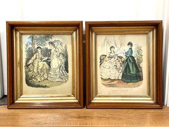 A Pair Of Antique French Fashion Hand Colored Etchings