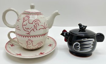 VIntage Ceramic Rooster Tea Pot With Cup & Saucer & Sugar Bowl
