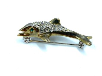 Swarovski Style Goldtone Dolphin Rhinestone Brooch