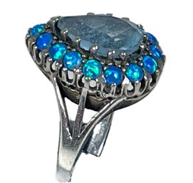 Great Vintage Aquamarine And Opal Sterling Silver Ladies Ring About Size 6