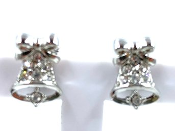 Silvertone & Rhinestone Holiday Bell Clip Earrings