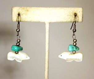 Sterling Silver Southwestern Pierced Earrings W Fetish Animals Mother Of Pearl Turquoise