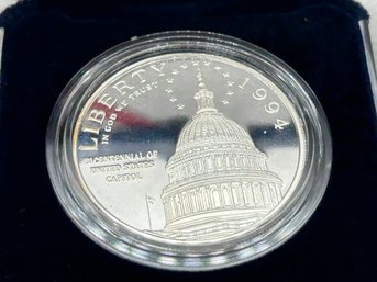 Vintage 1994 United States Capital Building Commemmorative Silver Dollar In Case With COA