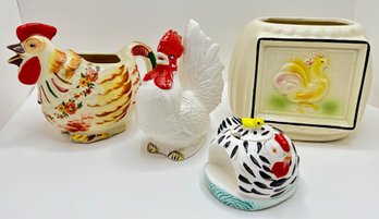 Vintage Shawnee Pottery Chanticleer Rooster Pitcher With Gold Accents, Covered Bowl , Canister & Other Pitcher