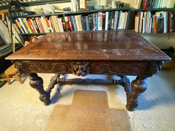Absolutely Gorgeous Hand Carved 19th Century Wood Library Table/office Desk