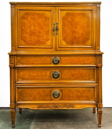 A Vintage Paneled Burl Wood And Fruit Wood Gentleman's Chest In Palm Beach Regency Style, C. 1970's